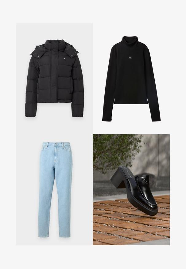 Sort puffer-jakke med høj krave, aftagelig hætte med trykknapper og lille hvid "CK"-logo på venstre bryst.; Sort ribstrikket bluse med lange ærmer og lille firkantet Calvin Klein-logo placeret centralt på brystet.; Lyseblå denimjeans med lige ben, femlommers design og knaplukning. Har subtilt slid og en glat tekstur.; Sort læder Calvin Klein slip-on mule med blokhæl, der hviler på trætøj udendørs nær en grøn plante og en grå væg.