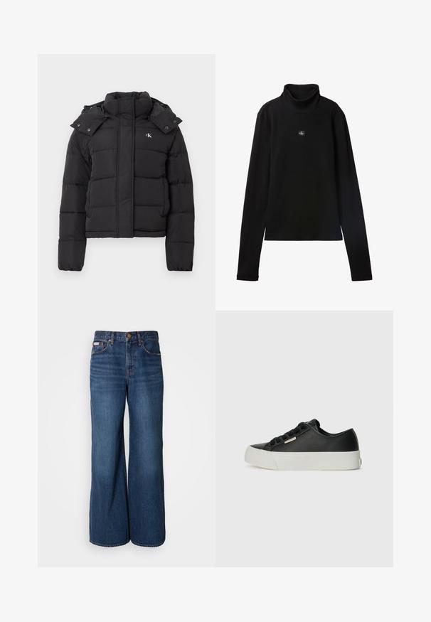 Schwarze Pufferjacke mit hohem Kragen, abnehmbarem Kapuzenschild mit Druckknöpfen und kleinem weißen "CK"-Logo auf der linken Brust.; Schwarzes, geripptes Langarm-Top mit Rollkragen und kleinem quadratischem Calvin Klein Logo-Patch zentral auf der Brust.; Weite Jeans aus dunkelblauem Denim. Merkmale sind eine hohe Taille, fünf Taschen und kontrastierender orangefarbener Stitching entlang der Nähte.; Schwarze Ledersneaker mit glatter Textur, weißer Gummisohle, runder Zehenform und sechs schwarzen Schnürsenkellöchern. Verfügt über ein kleines metallisches Logodetail.