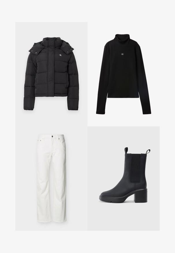 Chaqueta de plumas negra con alto cuello, capucha desmontable con botones a presión y pequeño logo blanco "CK" en el pecho izquierdo.; Top negro de cuello alto acanalado de manga larga con un pequeño parche cuadrado con el logo de Calvin Klein centrado en el pecho.; Jeans blancos de pierna recta con bolsillos frontales, trabillas para cinturón, cierre de botón y costuras visibles sobre un fondo liso.; Botín negro de tobillo hecho de un material de goma liso, con paneles laterales elásticos, tacón bloque y tiradores en la parte superior para facilitar su uso.