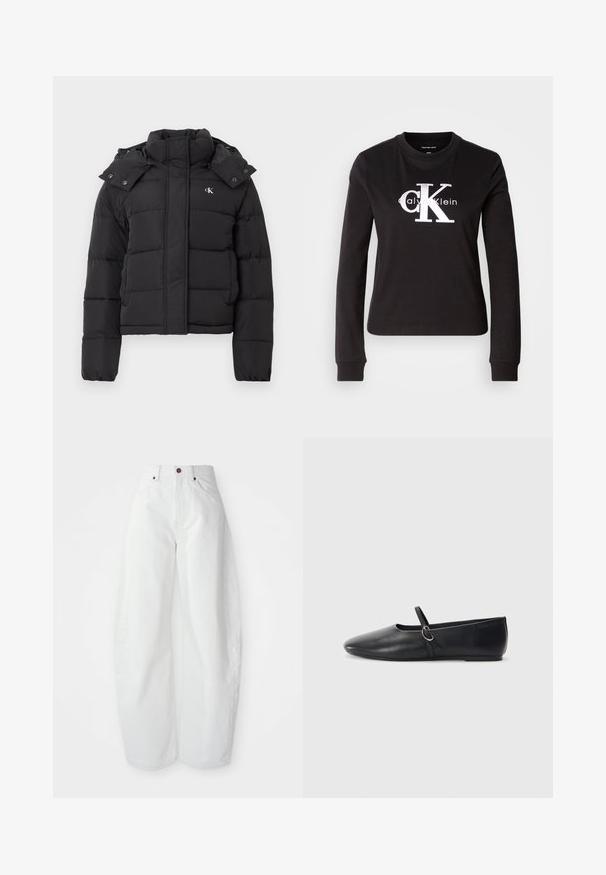 Zwarte pufferjack met hoge kraag, afneembare capuchon met drukknoopjes en klein wit "CK" logo op de linker borst.; Zwarte longsleeve t-shirt gemaakt van katoen. Beschikt over een witte "Calvin Klein" logo en klein "CK" ontwerp op de voorkant. Klassieke crew neck stijl.; Hoge taille witte spijkerbroek met een losse pasvorm. Voorzien van een knoopsluiting, zijzakken en een minimalistisch ontwerp. Glad textuur.; Zwarte leren balletschoenen met een spitse neus, platte zool en een kleine strap met een zilveren gespsluiting.