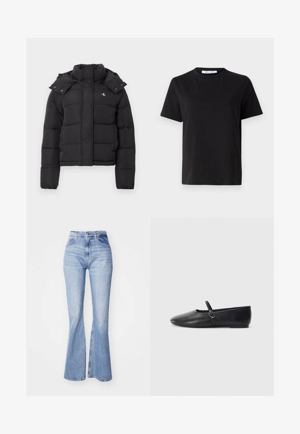 Schwarze Pufferjacke mit hohem Kragen, abnehmbarem Kapuzenschild mit Druckknöpfen und kleinem weißen "CK"-Logo auf der linken Brust.; Schwarzes T-Shirt mit kurzen Ärmeln aus weicher Baumwolle, mit rundem Ausschnitt, lockerer Passform und glatter Textur. Keine sichtbaren Muster oder Grafiken.; Hellblaue Schlagjeans aus Denim mit hoher Taille, Fünf-Taschen-Design und dezentem Verblassen entlang der Beine.; Schwarze Leder-Ballettschuhe mit spitzem Schuhzeug, flacher Sohle und einem kleinen Riemen mit silberner Schnalle.