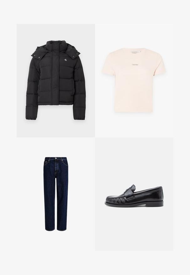 Sort puffer-jakke med høj krave, aftagelig hætte med trykknapper og lille hvid "CK"-logo på venstre bryst.; Lys pink bomulds t-shirt med korte ærmer og rund halsudskæring. Har et lille Calvin Klein-logo på brystområdet.; Mørkeblå denim jeans med lige ben-design, der har høj talje, fem-lomme-stil og kontrastsyninger. Ingen dekorationer.; Sorte læderloafers med rundet tå, karakteristisk syning og en dekorativ rem over vampen. Glat finish og lav hæl.