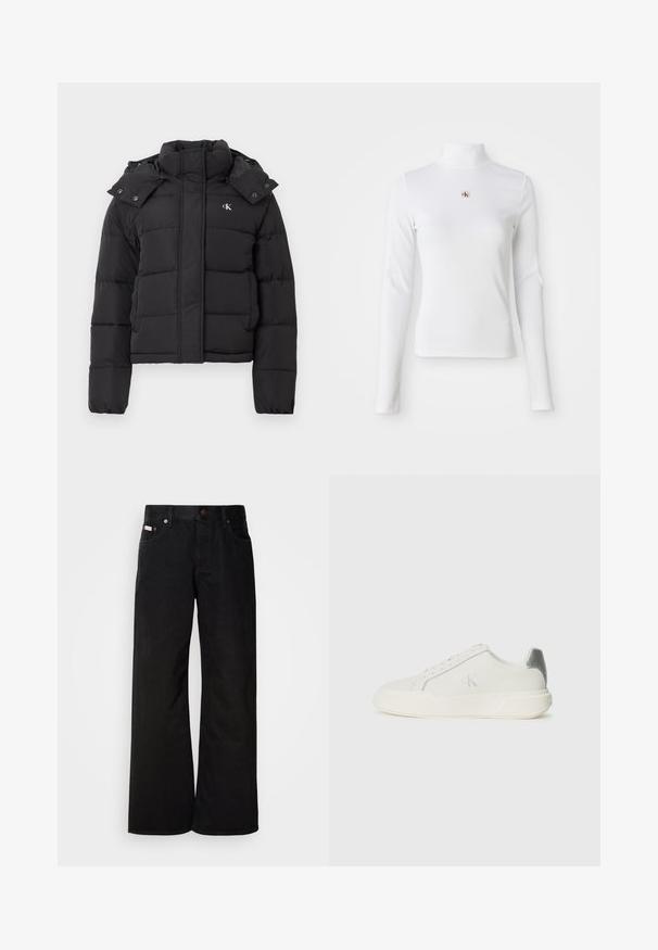 Sort puffer-jakke med høj krave, aftagelig hætte med trykknapper og lille hvid "CK"-logo på venstre bryst.; Langærmet, hvid turtleneck-top lavet af ribbet materiale. Har et lille broderet logo i midten. Tæt pasform uden mønstre.; Sorte breddebenede jeans lavet af bomuld. Har forlommer, en knaplukning og en klassisk denimtekstur. Minimalistisk design uden mønstre.; Hvide sneakers lavet af læder med en glat tekstur, forsynet med en sølvaccent på hælen, flad sål og minimalistisk design.