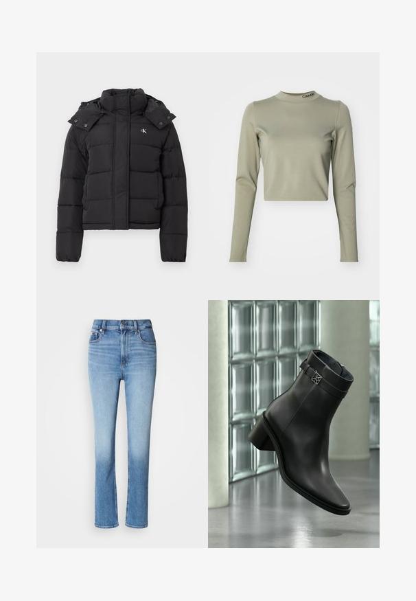 Chaqueta de plumas negra con alto cuello, capucha desmontable con botones a presión y pequeño logo blanco "CK" en el pecho izquierdo.; Top recortado de manga larga en verde oliva claro, hecho de una suave tela elástica, con un cuello alto y un logo de Calvin Klein en el cuello.; Vaqueros de mezclilla azul con cintura alta, diseño de pierna recta, degradado de color desgastado y estilo de cinco bolsillos. Cierre de botón metálico y cremallera.; Bota de cuero negro para tobillo con tacón bajo y bloque, y una correa decorativa, mostrada en un entorno interior moderno y minimalista.
