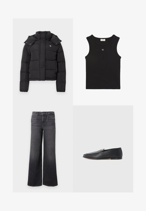 Chaqueta de plumas negra con alto cuello, capucha desmontable con botones a presión y pequeño logo blanco "CK" en el pecho izquierdo.; Top sin mangas negro acanalado con cuello redondo, etiqueta Calvin Klein Jeans dentro del cuello y pequeño parche con el logo CK en el pecho.; Jeans de mezclilla oscuros de pierna ancha con un ligero desgaste, presentan un cierre de botón, cinco bolsillos y un dobladillo recto en el tobillo.; Mocasines de cuero negro con textura suave, punta redondeada y detalles de costura sutiles. Presentan un acento de logo dorado en el lateral superior.