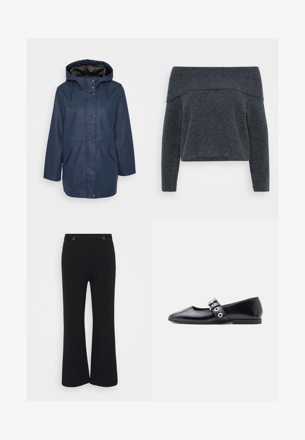 Marineblå hættejakke i regnvejr med trykknapper, justerbare snore og to frontlommer med klap.; Off-the-shoulder mørkegrå sweater med ribbet halsudskæring og lange ærmer. Blød tekstur og løs pasform, designet til et afslappet look.; Sorte flared bukser i blødt stof med en flad talje, der har to dekorative sølvdetaljer foran, glat tekstur og ingen lommer.; Sort laklæder flad sko med firkantet tå, sidespænde detalje og en lav, rund hæl. Glat tekstur og minimalistisk design.
