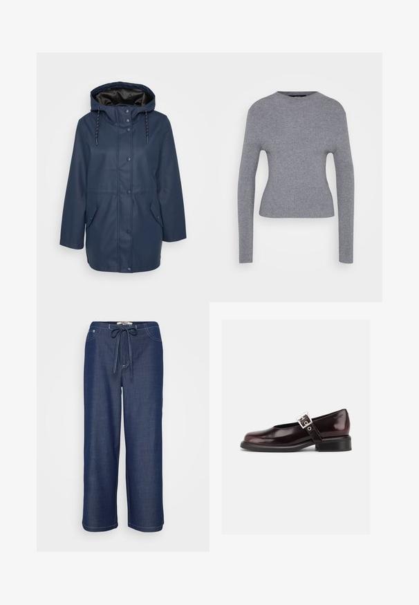Marineblauwe hooded regenjack met drukknoopsluiting, verstelbare trekkoorden en twee frontflapzakken.; Grijze geribbelde langemouwen trui met ronde hals en getailleerde silhoutte, weergegeven op een eenvoudige witte achtergrond.; Donkerblauwe wijde broek met een trekkoord in de taille, voorzakken en zichtbare witte stiksels.; Enkele glanzende donker bordeauxrode Mary Jane schoen met brede band en zilveren gesp, lage blokhak en afgeronde neus op witte achtergrond.