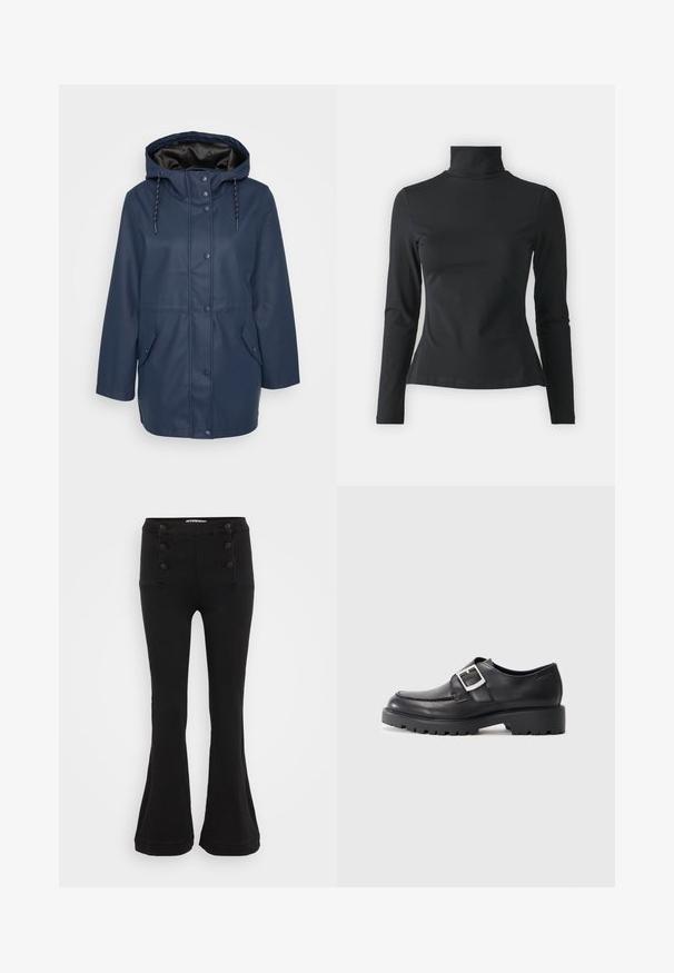 Marineblauwe hooded regenjack met drukknoopsluiting, verstelbare trekkoorden en twee frontflapzakken.; Even&Odd Petite Longsleeve - black; Zwarte flare broek van denim, met een hoge taille, vijf knopen aan de voorkant en twee voorzakken met decoratieve stiksels.; Zwarte leren schoenen met een ronde neus, voorzien van een zijbuckle en een dikke, robuuste zool. Glad textuur met minimale stiksels.