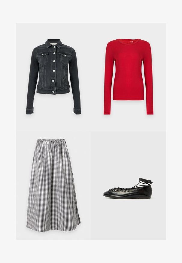 Veste en denim noire à manches longues, fermeture devant par boutons, deux poches à rabat sur la poitrine et poches fendues sur les côtés, présentée sur un fond uni.; Chemise rouge à manches longues en coton doux, avec un col rond et une coupe ajustée. Texture lisse sans motifs ni ornements.; Jupe longue en ligne A avec motif vichy noir et blanc et taille élastique avec cordon de serrage.; Ballerines en cuir verni noir avec un bout rond, un design à lacets et une semelle plate. Texture lisse avec peu de détails.