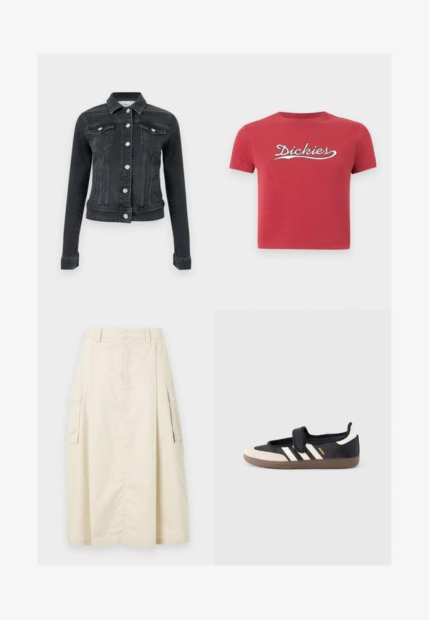 Veste en denim noire à manches longues, fermeture devant par boutons, deux poches à rabat sur la poitrine et poches fendues sur les côtés, présentée sur un fond uni.; Crop top rouge à manches courtes avec le logo "Dickies" en blanc et en écriture cursive sur le devant, présenté sur un fond blanc uni.; Jupe beige, longueur genou, en coton. Présente deux poches cargo sur les côtés et un pli à l'avant, avec une taille et une fermeture éclair cachée.; Baskets noires et beiges avec une bride en velcro, trois bandes blanches sur le côté, et une semelle en caoutchouc marron texturée. Logo de la marque visible.