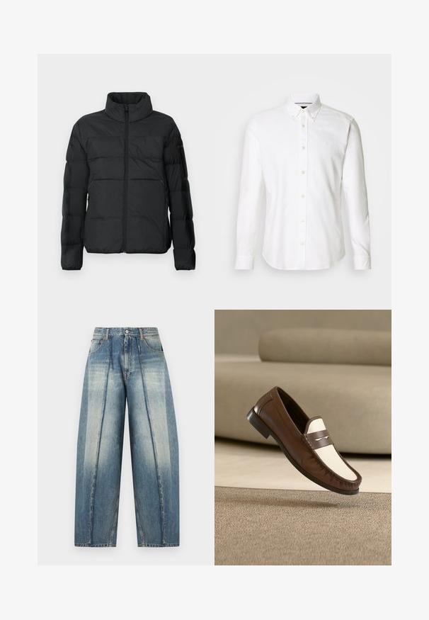 Chaqueta acolchada negra con un alto cuello, cremallera frontal y detalles de costura horizontal. Cuenta con un bolsillo lateral con cremallera y una textura suave.; Camisa blanca de manga larga con cuello abotonado, confeccionada en tela suave, con un logo sutil en el pecho y cierre de botones.; Vaqueros de pierna ancha en denim azul con cintura alta, pliegues frontales y paneles verticales desteñidos sobre un fondo liso.; Zapato mocasín de cuero marrón y blanco flotando sobre una alfombra beige con un sofá beige desenfocado en el fondo.