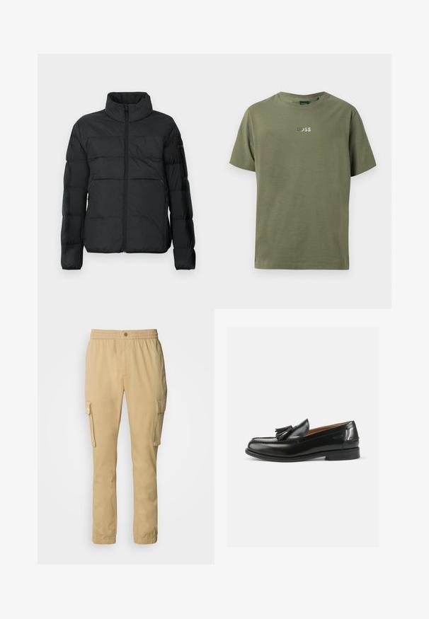 Chaqueta acolchada negra con un alto cuello, cremallera frontal y detalles de costura horizontal. Cuenta con un bolsillo lateral con cremallera y una textura suave.; Camiseta de algodón verde oliva con cuello redondo, mangas cortas y un logo reflectante "BOSS" en el frente. Corte clásico, textura suave.; Pantalones cargo beige con una cinturilla elástica, botón frontal y bolsillos laterales. Fabricados con un tejido suave y duradero, de textura lisa.; Mocasines de cuero negro con un acento de borlas, punta redondeada y un acabado suave. La suela es plana con un patrón de relieve mínimo.