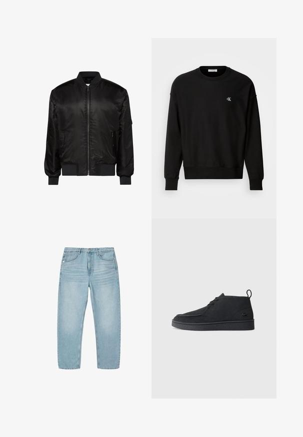 Chaqueta bomber negra con cremallera frontal, cuello, puños y dobladillo acanalados, y dos bolsillos delanteros con cremallera sobre fondo blanco.; Sudadera negra de mezcla de algodón, con cuello redondo, hombros caídos y un pequeño logotipo 'CK' en blanco en el pecho.; Vaqueros de denim azul claro de corte recto, con cinco bolsillos, cierre de botón y detalles sutiles descoloridos en la parte frontal de los muslos.; Botines de ante negros con cordones, tirador en la parte trasera y suela texturizada, que presentan un pequeño logo de cocodrilo en relieve en el lateral.