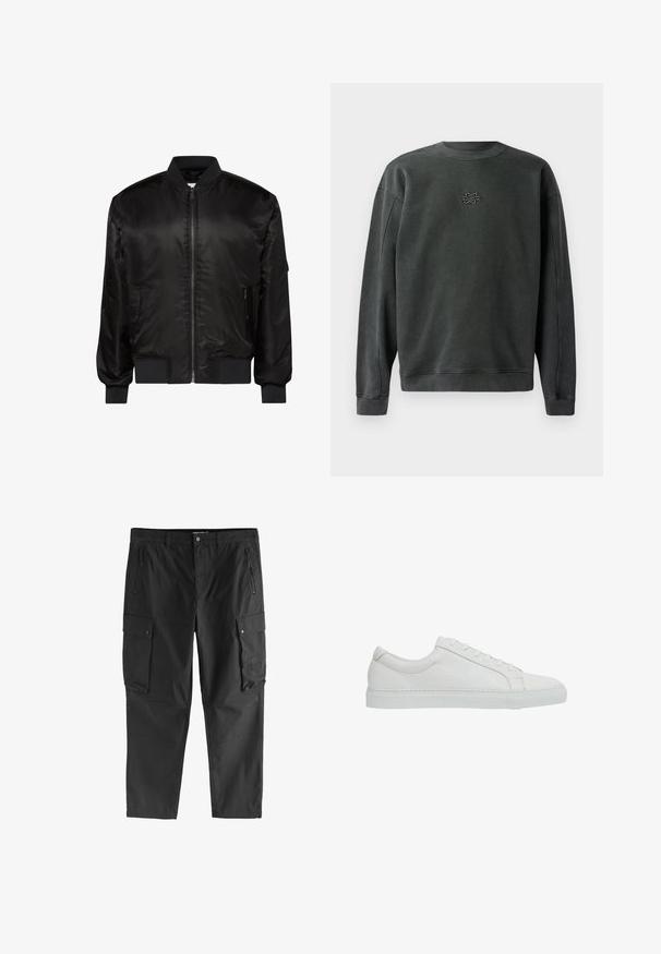 Sort bomberjakke med frontlynlås, ribkrave, manchetter og kant samt to forlommer med lynlås på hvid baggrund.; Mørkegrå sweatshirt med rund hals, ribbede manchetter og kant. Har et lille broderet design i midten. Blødt, struktureret stof.; Sorte cargobukser med lynlåslommer foran, knaplukning på sidelommer med klap og bæltestropper, vist mod en hvid baggrund.; Reiss REGULAR FIT - LUCA TUMBLED - Sneakers - white