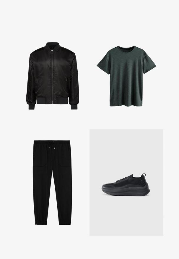 Sort bomberjakke med frontlynlås, ribkrave, manchetter og kant samt to forlommer med lynlås på hvid baggrund.; Mørkeblå T-shirt lavet af blødt, struktureret stof. Har en klassisk rund hals og korte ærmer med et subtilt mønster. Ingen synlige logoer.; Sorte joggingbukser med elastik i taljen, snøre, forlommer med lapper og elastiske manchetter på hvid baggrund.; Sort sportsko med mesh-overdel, teksturerede detaljer og en tyk gummisål. Har en løkke ved hælen og snørebåndsdesign.
