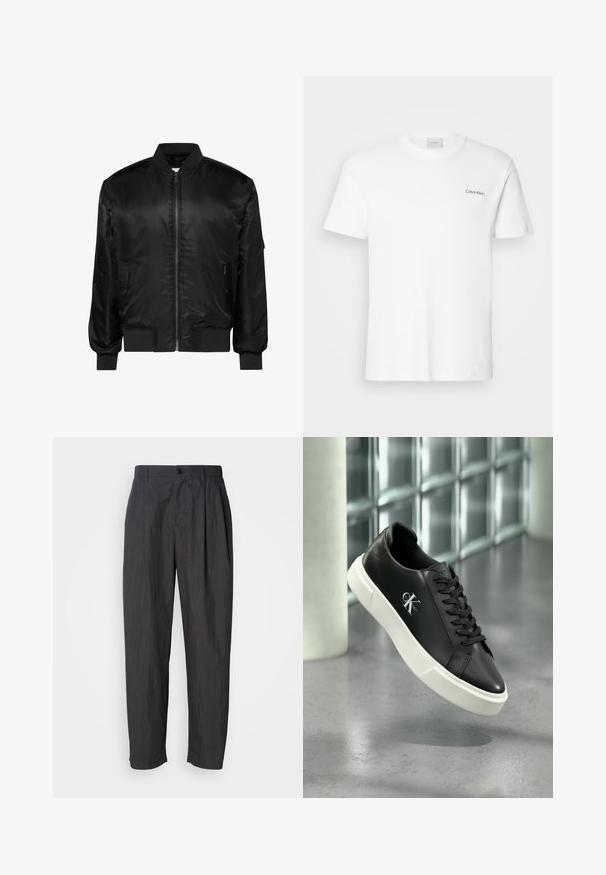 Veste bomber noire avec fermeture éclair devant, col, poignets et ourlet côtelés, et deux poches zippées à l'avant sur fond blanc.; T-shirt en coton blanc à manches courtes et col rond. Présente un petit logo noir "Calvin Klein" sur la poitrine gauche.; Pantalons droit gris foncé avec passants de ceinture, fermeture à bouton à l'avant et poches latérales sur un fond clair.; Baskets en cuir noir avec semelle en caoutchouc blanche et logo "CK Calvin Klein" sur le côté, présentées devant un fond en verre carrelé.