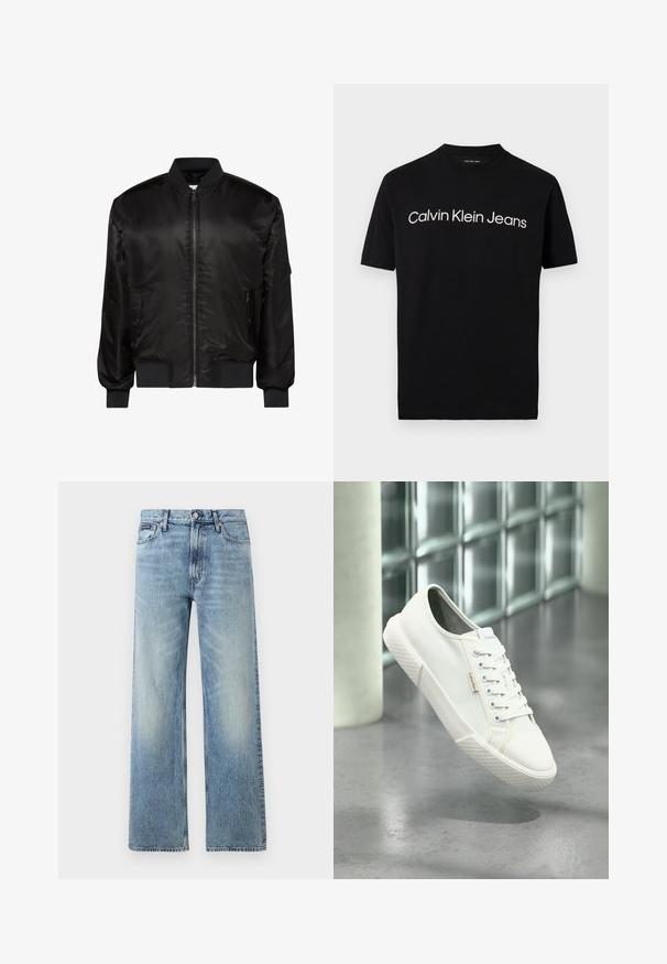 Chaqueta bomber negra con cremallera frontal, cuello, puños y dobladillo acanalados, y dos bolsillos delanteros con cremallera sobre fondo blanco.; Camiseta negra de manga corta con cuello redondo y texto blanco "Calvin Klein Jeans" centrado en el pecho.; Vaqueros de mezclilla azul claro de corte recto con cintura alta, cinco bolsillos, cierre de botón y sutil desgaste en los muslos y las rodillas.; Zapatilla baja blanca de Calvin Klein con cordones, flotando sobre un suelo gris pulido y un fondo de pared de bloques de vidrio.