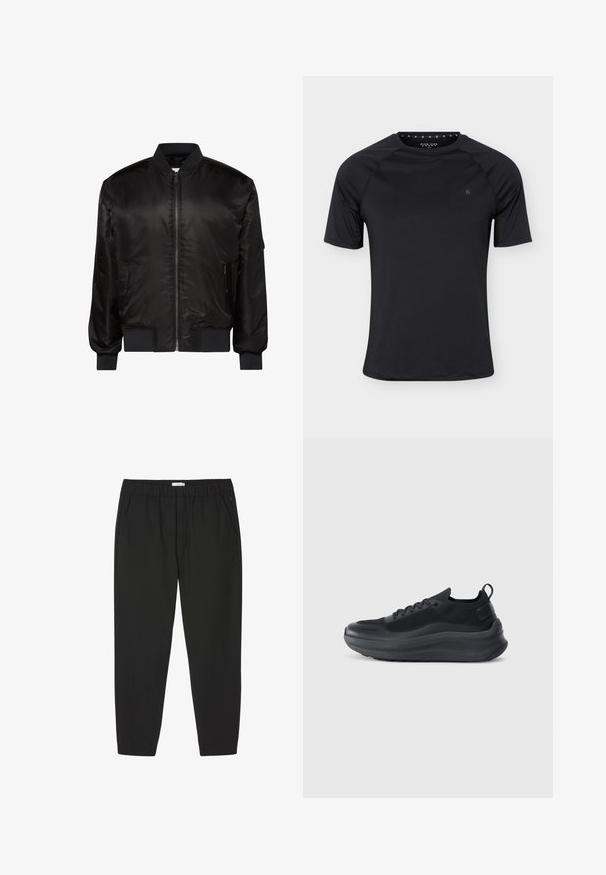 Zwarte bomberjas met rits aan de voorkant, geribde kraag, manchetten en zoom en twee voorzakken met rits op een witte achtergrond.; Zwart sport T-shirt met korte mouwen en een ronde hals met klein logo op de linkerborst, weergegeven op een effen lichte achtergrond.; Zwarte broek met elastische taille, rechte pijpen en zijzakken, ontworpen voor casual of professioneel gebruik.; Zwarte sportieve schoen met een bovenkant van mesh, textuurrijke accenten en een dikke rubberen zool. Voorzien van een trekbandje bij de hak en vetersluiting.