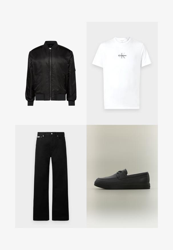 Sort bomberjakke med frontlynlås, ribkrave, manchetter og kant samt to forlommer med lynlås på hvid baggrund.; Hvid kortærmet T-shirt med rund hals, med "cK Calvin Klein" logo trykt i sort og grå centreret på brystet.; Sorte denimbukser med bred ben-design, der har fem lommer og metallisk knapdetalje. Glat tekstur, uden synlige mønstre.; Sort afslappet læderloafer med snøredetaljer og tyk gummisål, vist fra siden på en neutral baggrund.