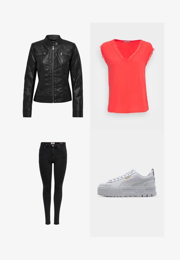 Veste en cuir noire avec col montant, fermeture éclair à l'avant et deux poches zippées sur la poitrine. Caractéristiques : coutures structurées et silhouette ajustée.; ONLY ONLJASMINA V NECK - Blouse - poppy red; Jean skinny noir avec poches avant, passants de ceinture et fermeture à bouton, présenté sur un fond blanc.; Baskets plateformes blanches avec une tige en cuir lisse, un col rembourré, une semelle en caoutchouc grise et des accents dorés arborant le logo Puma.
