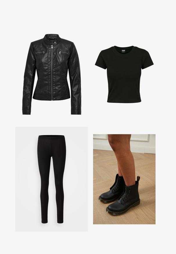 Veste en cuir noire avec col montant, fermeture éclair à l'avant et deux poches zippées sur la poitrine. Caractéristiques : coutures structurées et silhouette ajustée.; T-shirt noir à manches courtes en coton lisse, avec un col rond et une coupe ajustée. Aucun motif ou accent visible.; Leggings noirs en tissu doux et extensible. Ils ont une coupe ajustée avec une taille élastique et une texture lisse et mate.; Bottines en cuir noir avec fermeture éclair et design à lacets, arborant des coutures jaunes et une semelle épaisse et texturée.