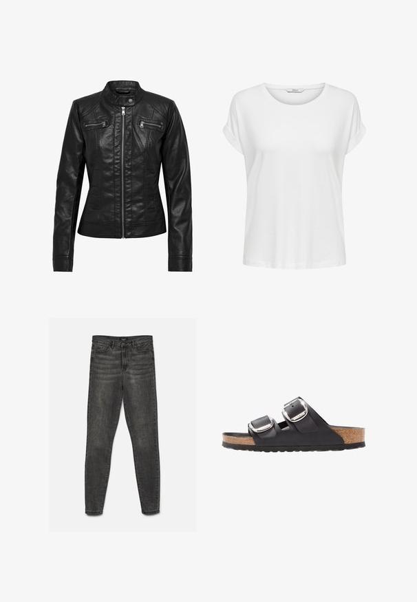Veste en cuir noire avec col montant, fermeture éclair à l'avant et deux poches zippées sur la poitrine. Caractéristiques : coutures structurées et silhouette ajustée.; T-shirt blanc à manches courtes en coton doux. Il présente un col rond et des poignets roulés. Design simple sans motifs ni accents.; Jean slim gris foncé avec fermeture par bouton et zip, poches devant et dos, présenté à plat sur fond blanc.; Sandale noire avec deux sangles ajustables, boucles en argent, et une semelle en liège sur une semelle en caoutchouc noir texturé.