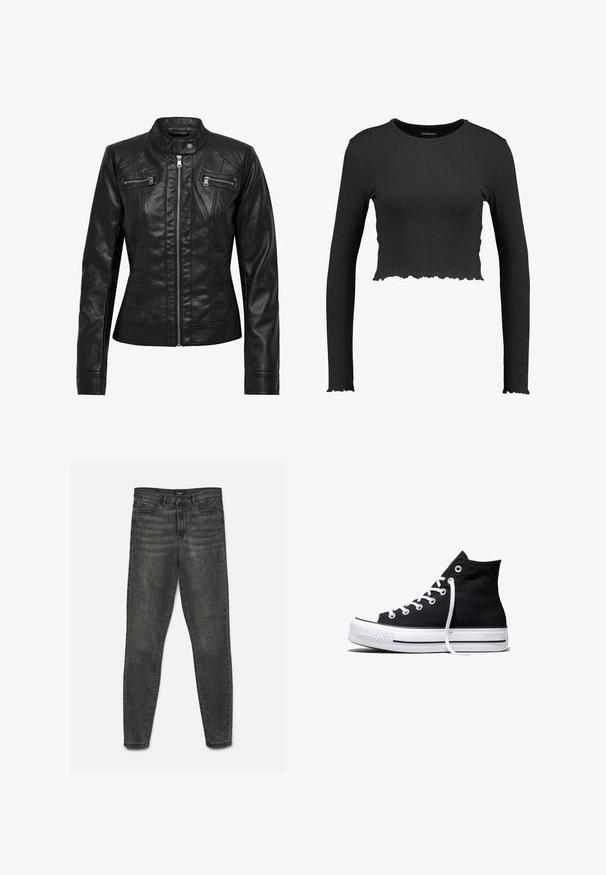 Veste en cuir noire avec col montant, fermeture éclair à l'avant et deux poches zippées sur la poitrine. Caractéristiques : coutures structurées et silhouette ajustée.; Crop top noir à manches longues côtelé avec un col rond et un ourlet ondulé. Fabriqué dans un matériau extensible pour un look ajusté.; Jean slim gris foncé avec fermeture par bouton et zip, poches devant et dos, présenté à plat sur fond blanc.; Baskets montantes en toile noire avec semelle en caoutchouc blanche et lacets blancs, vues de côté sur un fond blanc.