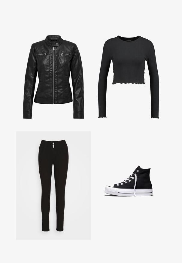 Veste en cuir noire avec col montant, fermeture éclair à l'avant et deux poches zippées sur la poitrine. Caractéristiques : coutures structurées et silhouette ajustée.; Crop top noir à manches longues côtelé avec un col rond et un ourlet ondulé. Fabriqué dans un matériau extensible pour un look ajusté.; Vero Moda VMDONNA - Jeans Skinny - black; Baskets montantes en toile noire avec semelle en caoutchouc blanche et lacets blancs, vues de côté sur un fond blanc.