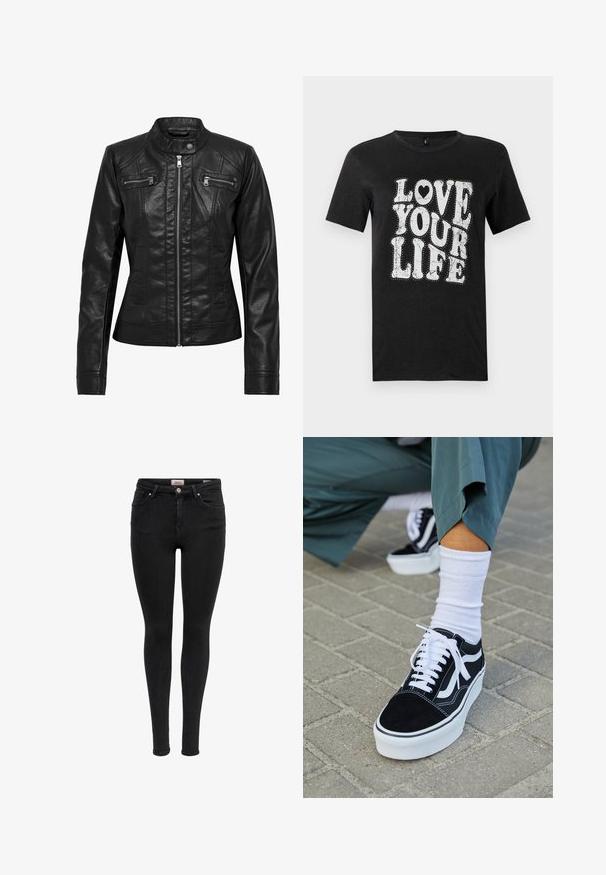 Veste en cuir noire avec col montant, fermeture éclair à l'avant et deux poches zippées sur la poitrine. Caractéristiques : coutures structurées et silhouette ajustée.; T-shirt en coton noir avec texte blanc indiquant "LOVE YOUR LIFE." Le design inclut des points décoratifs et un accent en forme de cœur. Manches courtes.; Jean skinny noir avec poches avant, passants de ceinture et fermeture à bouton, présenté sur un fond blanc.; Baskets en suède noir avec des accents et des lacets blancs, présentant une épaisse semelle blanche et des coutures contrastantes, associées à une chaussette blanche.