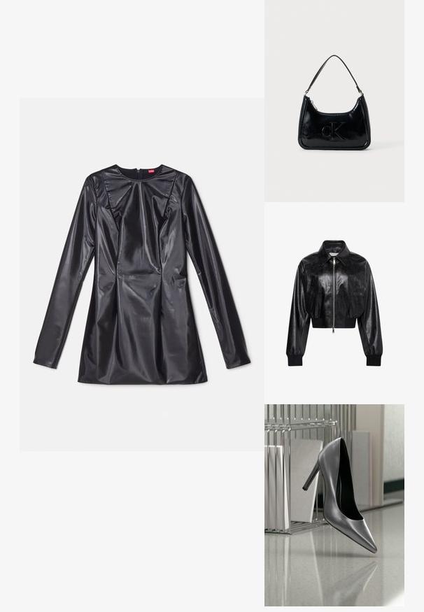 Čierna lesklá krátka bomber bunda s celým predným zipsom, dvoma bočnými vreckami, širokým golierom a rebrovanými manžetami a pásom.; 032c TRAPEZE TOO TIGHT MINI DRESS - Koktailové šaty/večierkové šaty - black luster; Čierna vysoká podpätková topánka visí vo vzduchu pred kovovým organizérom na spisy s priečinkami na lesklej ploche.; Čierna lakovaná kabelka s oblým horným uchom, zipsovým uzáverom a embosovaným logom "cK" na prednej strane. Hladká textúra, štruktúrovaný tvar.