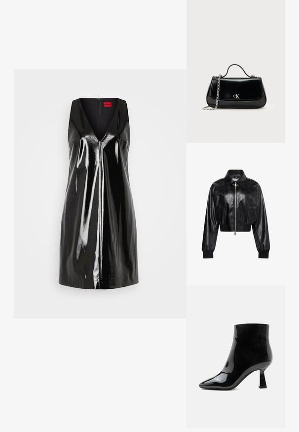 Schwarze glänzende kurze Bomberjacke mit durchgehendem Frontreißverschluss, zwei Seitentaschen, breitem Kragen sowie gerippten Bündchen und Bund.; Schwarzes, ärmelloses Kleid mit V-Ausschnitt und glänzend-reflektierender Oberfläche; verfügt über einen zentralen Reißverschluss und ein minimalistisches Design.; Schwarzer glänzender Lackleder-Stiefelette mit spitzer Zehenpartie und ausgestelltem mittelhohem Absatz auf weißem Hintergrund.; Schwarze Lederhandtasche mit einer Kettenriemen, strukturierter Form und einem silbernen Logo-Akzent. Glatte Textur mit einem Klappenverschluss.