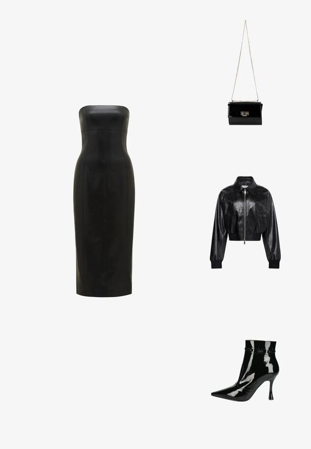 Schwarze glänzende kurze Bomberjacke mit durchgehendem Frontreißverschluss, zwei Seitentaschen, breitem Kragen sowie gerippten Bündchen und Bund.; Schwarzes, trägerloses Lederkleid mit einer figurbetonten Silhouette, knielang, glatte Textur und vertikale Nähte für Definition.; Schwarze Lackleder-Ankle Boots mit spitzer Zehenpartie, glänzender Oberfläche, eleganten Design und schmalem Stiletto-Absatz. Dekorative Riemenakzente.; Schwarz glänzende Handtasche aus Lackleder mit einem goldenen Kettenriemen, rechteckige Form, mit einem Verschluss mit Klappe und einem metallischen Logo-Akzent.