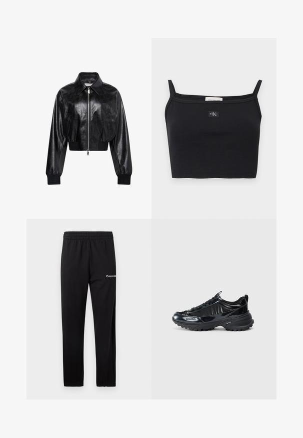 Sort skinnende cropped bomberjakke med fuld frontlynlås, to sidelommer, bred krave samt ribstrikkede ærmegab og taljebånd.; Sort ribstrikket cropped top med tynde stropper og et lille Calvin Klein-logoapplikation midt på brystet.; Sorte Calvin Klein sweatpants med elastisk talje og hvidt logo på øverste venstre lår, vist mod en hvid baggrund.; Sorte, skinnende sneakers med et buet overdelsdesign, struktureret gummisål og snørelukning. Har branding på siden og en pull-tab bagpå.