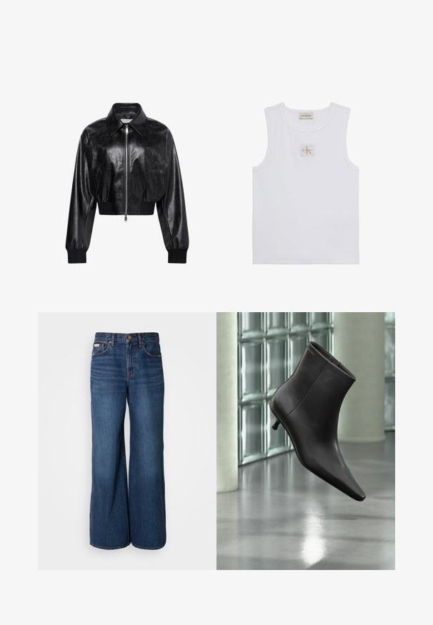 Schwarze glänzende kurze Bomberjacke mit durchgehendem Frontreißverschluss, zwei Seitentaschen, breitem Kragen sowie gerippten Bündchen und Bund.; Weißes ärmelloses Tanktop mit Calvin Klein Jeans-Label auf der Brust und einem Etikett nahe dem Halsausschnitt vor weißem Hintergrund.; Weite Jeans aus dunkelblauem Denim. Merkmale sind eine hohe Taille, fünf Taschen und kontrastierender orangefarbener Stitching entlang der Nähte.; Schwarzer Leder-Knöchelstiefel mit spitzer Spitze und kleinem Absatz vor einer Wand aus Glasbausteinen und einem polierten Boden.