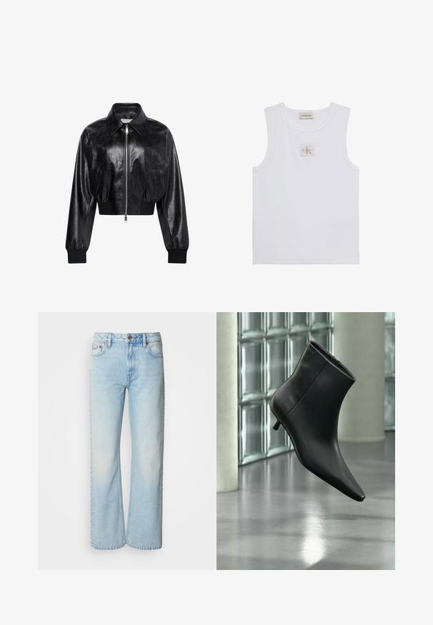 Schwarze glänzende kurze Bomberjacke mit durchgehendem Frontreißverschluss, zwei Seitentaschen, breitem Kragen sowie gerippten Bündchen und Bund.; Weißes ärmelloses Tanktop mit Calvin Klein Jeans-Label auf der Brust und einem Etikett nahe dem Halsausschnitt vor weißem Hintergrund.; Helle blaue weit geschnittene Jeans aus Denim, mit einem klassischen Fünf-Taschen-Design und einer dezenten, gewaschenen Textur. Die Denim-Nähte sind sichtbar.; Schwarzer Leder-Stiefelette mit spitzer Zehenpartie und niedrigem Kitten-Heel, schräg dargestellt vor einem polierten Boden und einer Glasbausteinwand.