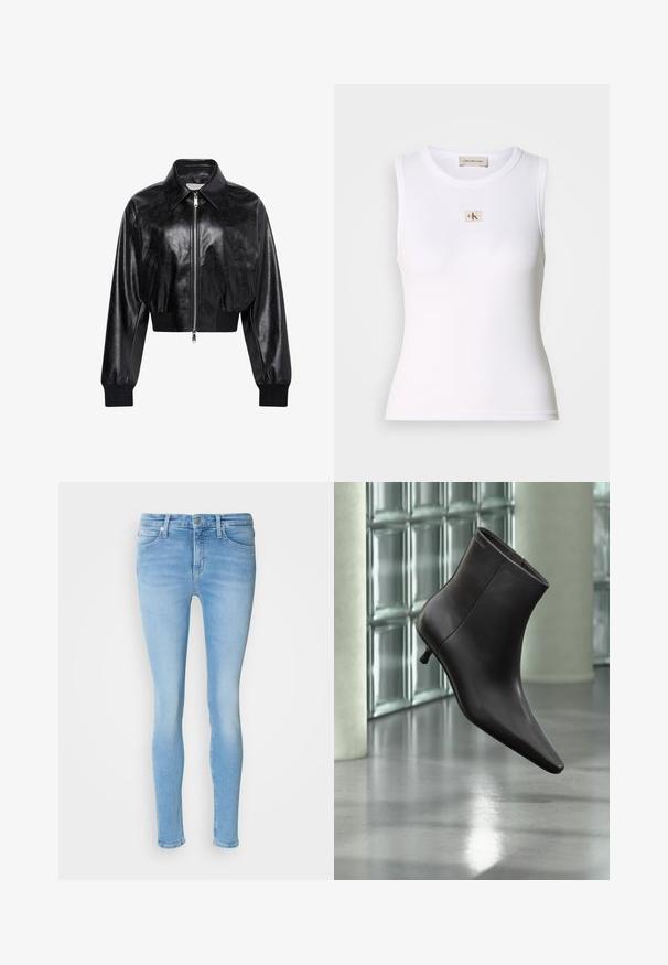 Zwart glanzend cropped bomberjack met volledige voorrits, twee zijzakken, brede kraag en geribde manchetten en tailleband.; Wit geribd mouwloos tanktop met Calvin Klein Jeans-label op de borst en binnenhalslabel.; Lichtblauwe skinny jeans van denim met een midden hoge taille, voorzien van voorzakken, riemlussen en een gladde textuur.; Zwarte leren enkellaars met puntige neus en lage hak, afgebeeld tegen een glazen blokkenmuur en gepolijste vloer op de achtergrond.