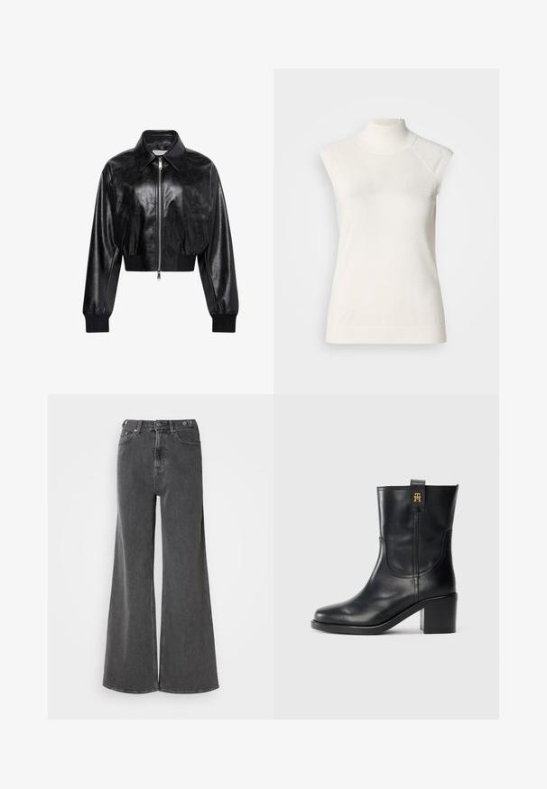 Zwart glanzend cropped bomberjack met volledige voorrits, twee zijzakken, brede kraag en geribde manchetten en tailleband.; Mouwloze witte coltrui gemaakt van zacht materiaal; heeft een aansluitend ontwerp met een hoge hals en een subtiele geribbelde textuur aan de zoom.; Wijd geplooide jeans in vervaagd zwart denim, met een hoge taille, twee zijzakken en metalen knoopsluitingen. Gladde textuur, minimale details.; Zwarte leren laars tot halverwege het kuit met blokhak en gouden "TH" logo op de trekband tegen een witte achtergrond.