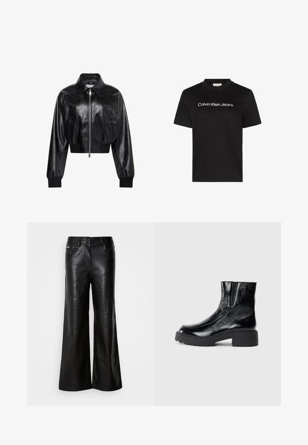 Zwart glanzend cropped bomberjack met volledige voorrits, twee zijzakken, brede kraag en geribde manchetten en tailleband.; Zwart katoenen T-shirt met een ronde hals en korte mouwen, met de tekst "Calvin Klein Jeans" in wit over de borst.; Zwarte leren broek met een brede pijp en een zachte textuur, voorzien van een sluiting met een knoop aan de voorkant, twee zijzakken en minimale stikseldetails.; Zwarte enkellaarsjes met een glanzende lakleren afwerking, chunky zwarte rubberen zool en verhoogde hak; inclusief subtiele logo-detail aan de zijkant.