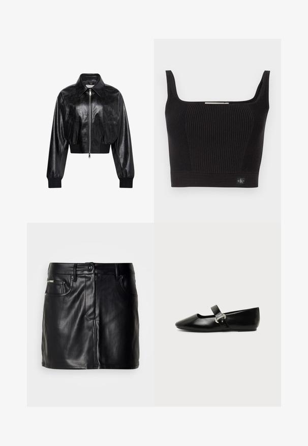 Schwarze glänzende kurze Bomberjacke mit durchgehendem Frontreißverschluss, zwei Seitentaschen, breitem Kragen sowie gerippten Bündchen und Bund.; Schwarzes, geripptes Crop-Top mit breiten Trägern, quadratischem Ausschnitt und figurbetontem Schnitt. Mit einem kleinen Logo-Tag unten links.; Schwarzer Leder-Minirock mit tailliertem Design, ausgestattet mit frontalen Taschen, einem Knopfverschluss und glatter Textur.; Schwarzer Ledermary-Jane-Flachschuh mit abgerundetem Zehenbereich und silberner Schnalle auf einfachem Hintergrund.