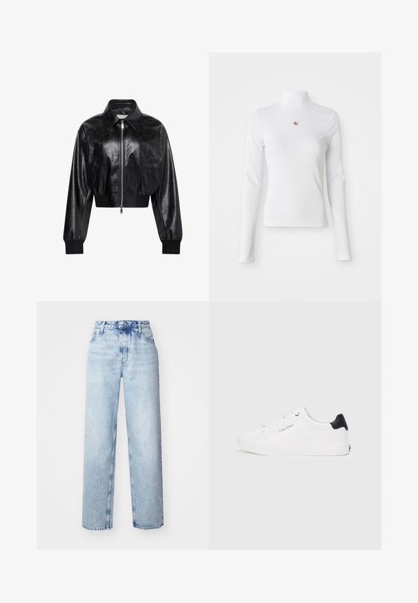 Zwart glanzend cropped bomberjack met volledige voorrits, twee zijzakken, brede kraag en geribde manchetten en tailleband.; Witte turtleneck met lange mouwen, gemaakt van ribbelstof. Bevat een klein geborduurd logo in het midden. Aansluitend ontwerp zonder patronen.; Lichtblauwe high-waisted jeans met een losse pasvorm, met rechte pijpen, vijf zakken en een klassieke knoop- en ritssluiting.; Witte sneaker met een zwarte leren hielaccent. Beschikt over een gladde textuur, vetersluiting aan de voorkant en een subtiel "Calvin Klein" logo aan de zijkant.