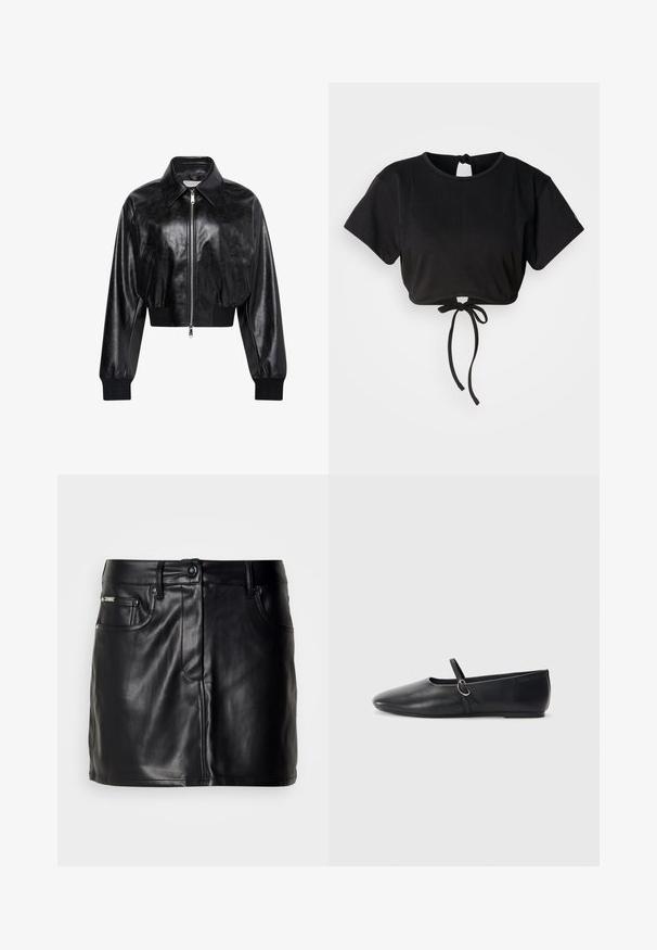 Zwart glanzend cropped bomberjack met volledige voorrits, twee zijzakken, brede kraag en geribde manchetten en tailleband.; Zwarte cropped t-shirt gemaakt van zachte stof, met korte mouwen, een ronde halslijn en een strikdetail op de rug voor aanpassing.; Zwarte leren mini-rok met een op maat gemaakt ontwerp, voorzien van zijzakken, een knoopsluiting en een gladde textuur.; Zwarte leren balletschoenen met een spitse neus, platte zool en een kleine strap met een zilveren gespsluiting.