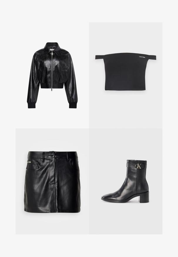 Schwarze glänzende kurze Bomberjacke mit durchgehendem Frontreißverschluss, zwei Seitentaschen, breitem Kragen sowie gerippten Bündchen und Bund.; Schwarzes Cropped-Top mit schulterfreiem Design, aus glattem Stoff. Verfügt über schmale Träger und ein kleines weißes Calvin Klein-Logo auf der Vorderseite.; Schwarzer Leder-Minirock mit tailliertem Design, ausgestattet mit frontalen Taschen, einem Knopfverschluss und glatter Textur.; Schwarze Leder-Ankle Boots mit spitzem Zehenbereich, Blockabsatz und einem Riemen mit einem metallischen Logodetail. Glatte Textur und minimales Design.