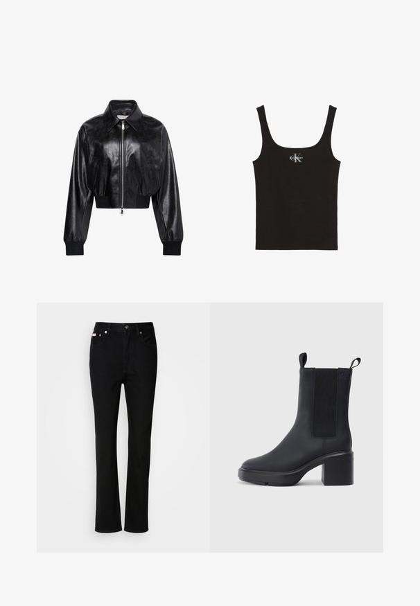 Μαύρο λαμπερό cropped bomber μπουφάν με ολόκληρο μπροστινό φερμουάρ, δύο πλαϊνές τσέπες, φαρδύ γιακά και ριμπ μανσέτες και ζώνη στη μέση.; Μαύρο ριπ τοπ με φαρδιές τιράντες και λευκό λογότυπο Calvin Klein στο κέντρο του στήθους, σε λευκό φόντο.; Μαύρα τζιν ευθείας γραμμής με μπροστινό κουμπί και φερμουάρ, θηλιές ζώνης και πέντε τσέπες.; Μαύρη μπότα αστραγάλου από λείο ελαστικό υλικό, με ελαστικές πλευρικές πάνελ, τετράγωνη σόλα και χερούλια στην κορυφή για εύκολη εφαρμογή.