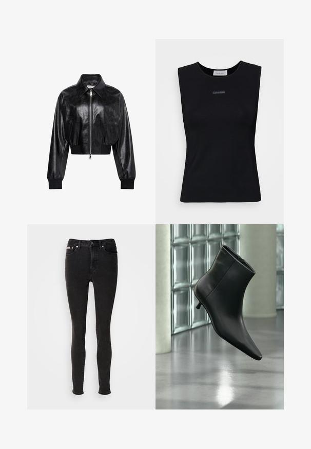 Zwart glanzend cropped bomberjack met volledige voorrits, twee zijzakken, brede kraag en geribde manchetten en tailleband.; Zwart mouwloos topje gemaakt van gladde stof. Heeft een ronde halslijn en een klein Calvin Klein-logo in het midden. Eenvoudig en aansluitend ontwerp.; Zwarte skinny jeans van denim met een gladde textuur, voorzien van een ontwerp met vijf zakken, riemlussen en metalen knoopsluiting.; Zwarte leren enkellaars met spits toelopende neus en lage kittenhak, schuin weergegeven tegen een gepolijste vloer en een glazen blokken muur als achtergrond.