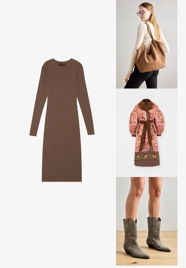 Gevakke roze buitenkleding met bloemmotieven, een bruine kraag en riem, fluffy mouwen en decoratieve afwerking aan de onderkant.; Anna Field by Zalando Jerseyjurk - brown; Pavement NIKKI - Cowboy-/Bikerlaarzen - khaki; Bruine suède totebag met zachte textuur, grote opening en lange hengsels. Het heeft een eenvoudig ontwerp met zichtbare stiksels en geen hardware.