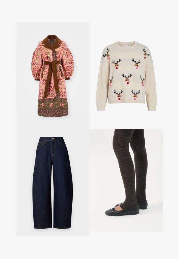 Gevakke roze buitenkleding met bloemmotieven, een bruine kraag en riem, fluffy mouwen en decoratieve afwerking aan de onderkant.; Roomkleurige trui met een zachte, pluizige textuur, een ronde halslijn en rendiermotieven met zwarte geweien, roze pompons en rode neuzen.; Brede donkerblauwe denim broek met contrasterende oranje stiksels, vijf zakken en een knoop- en ritssluiting aan de taille.; Benen met donkere geribbelde leggings gecombineerd met zwarte ballerina's met kleine strikdetails op een witte achtergrond.