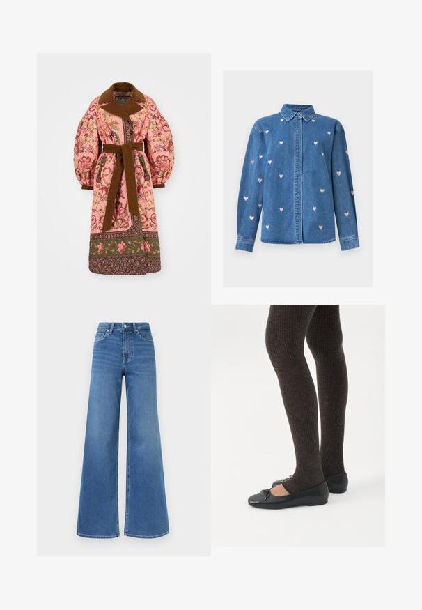 Gevakke roze buitenkleding met bloemmotieven, een bruine kraag en riem, fluffy mouwen en decoratieve afwerking aan de onderkant.; Blauw denim overhemd met lange mouwen, kraag, knoopsluiting aan de voorkant en kleine roze geborduurde hartpatronen verspreid over de stof.; Blauwe denim jeans met hoge taille en wijde pijpen, vooraan een knoop- en ritssluiting, en zakken aan zowel de voorkant als achterkant.; Benen met donkere geribbelde leggings gecombineerd met zwarte ballerina's met kleine strikdetails op een witte achtergrond.