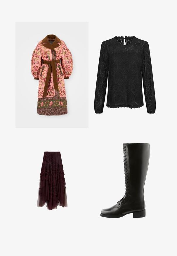 Gequiltete rosa Außenbekleidung mit floralen Mustern, braunem Kragen und Gürtel, voluminösen Ärmeln und dekorativem Saum.; Schwarze Spitzenshirt mit langen Ärmeln, Rundhalsausschnitt, gewelltem Saum und einem Schlüsselaugen-Detail im Rücken. Zartes Blumenmuster über das gesamte Shirt.; Burgunderfarbene Tüll-Rock mit gerafften Schichten, elastischem Taillenbund und unterschiedlichen Längen, mit einer weichen, leichten Textur.; Schwarze Lederstiefel bis zum Knie mit Schnürung, runder Spitze und Blockabsatz, in glatter Textur und ohne sichtbare Muster.