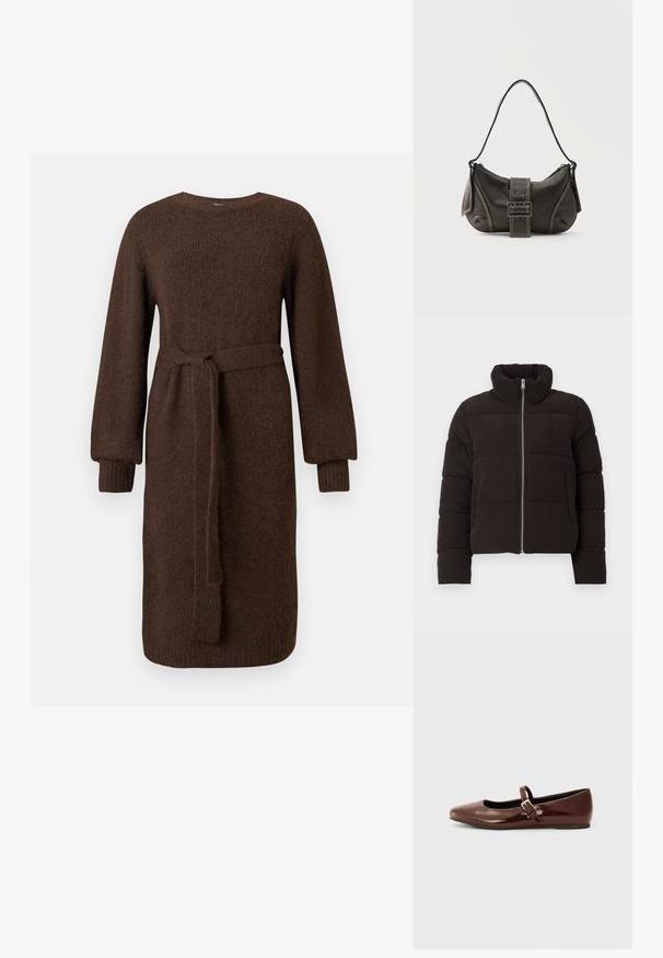 Veste rembourrée en velours côtelé marron foncé avec une fermeture éclair sur le devant, un col montant, des manches longues et des poches latérales, sur fond uni.; Robe en tricot brun à manches longues avec des poignets côtelés et une ceinture à nouer amovible, longueur genou, col rond simple.; Ballerine en cuir verni marron avec un bout carré et une lanière ornée d'une petite boucle dorée. Texture lisse, talon bas et design minimaliste.; Sac à épaule en cuir noir avec une sangle à boucle, des bords arrondis et des coutures blanches contrastées sur un fond uni.