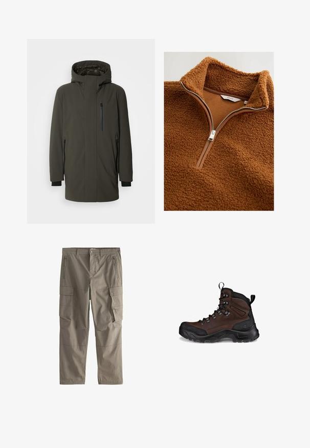 Olijfgroene gewatteerde parka met een hoge kraag, verstelbare capuchon, twee zijzakken met rits en een borstzak met rits.; Bruine fleece pullover met een hoge kraag, half-rits ontwerp, gestructureerde buitenkant en gladde voering, met zilveren rits hardware.; Khaki cargobroek met ceintuurlussen, ritszakken aan de voorkant, zijzakken met drukknoopsluiting en een rechtgesneden pijp.; Bruine wandelschoen met een textuurleder bovenwerk, zwart rubberen neuskap, versterkte ogen en een robuuste buitenzool voor grip.